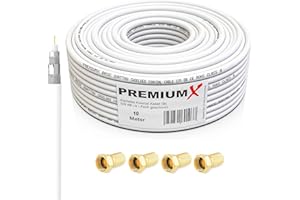 Premium X 10m Câble coaxial Satellite SAT - 135dB Blindé 4 Couches - Compatible avec DVB-S/S2, DVB-C, DVB-T - 4K 1080p FULL HD HDTV - Câble d'Antenne Coaxial pour Installations CATV + 4 connecteurs F