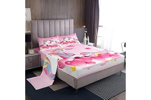 LOUSSIESD Set di biancheria da letto per ragazze con motivo unicorno, Cuore da sogno, Rosa, per bambini, ragazzi, adolescenti, colori arcobaleno, letti magici per animali, unicorno fantasy, lenzuola, camera, 3