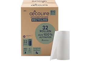 ‎ŒCOLIFE œcolife Küchentücher RECYCLING, 32 Rollen à 100 Blatt, 3-lagig, plastikfrei verpackt