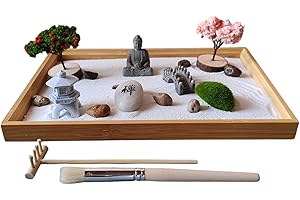ZEN&TAO Japanese Zen Garden, 28x19x2.8cm Large Bamboo Tray, with Bridge, Tree, Moss, Stones, Lantern and Sand Toolset, Office and Home Desk Accessories, for Meditation, Relaxation or Gift.