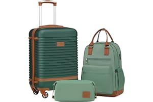 COOLIFE Maleta trolley Maleta Maletas Viaje Equipaje de ABS rígida, 4 ruedas, cierre TSA El maletín contiene 1 mochila de viaje y 1 neceser, Verde oscuro/marrón, Handgepäck-Set 3tlg, Set de viaje