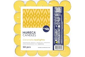 ‎HORECA CANDLES Horeca Candles - Citronella Tea Lights - Set of 50 Candles, Yellow - Scented Candles with 4 Hours Burn Time - For Outdoors, Balcony, Picnic, Camping