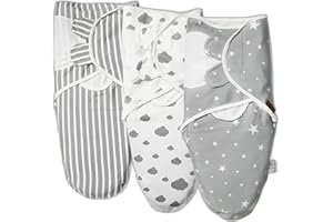 JEB TIFL Baby Swaddle 0-3 Months (Pack of 3) – 100% Breathable Cotton, Velcro Swaddle Wrap for Newborns – Hip Healthy Design, Lightweight Swaddling Blankets for Boys & Girls, Newborn Essentials (Grey)