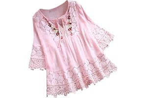 HAOLEI Femme Tunique De Plage Chemisier Chic Pas Cher Grande Taille en Vrac Coton Lin Laçage Chemise Plissé Henley Tunique Blouse T-Shirt