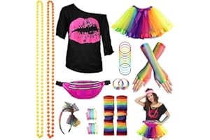 WILDPARTY 80s Fancy Dress For Women, Lip Print T-shirt, Tutu Skirt, Leg Warmers, Necklace, Fishnet Gloves, Earrings, 1980s Costumes Neon Accessories for Retro Theme Party Cosplay