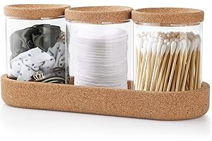 Anhow 3 Pezzi Porta Cotton Fioc, Vetro Porta Dischetti Struccanti con Vassoio per Bagno Cotone Fioc Struccanti Trucchi Organizer - Trasparente