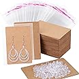 anezus Earring Cards, 100 Pcs Earring Display Cards Earring Holder Cards with 200 Earring Backs and 100 Self- Sealing Bags for Earrings Necklace Jewelry Display, Kraft Color 3.5x2.4 Inches