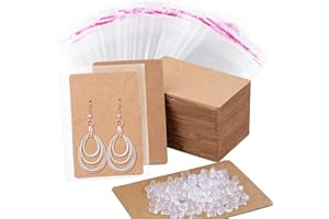 Anezus 100 tarjetas de pendientes, tarjetas de exhibición de pendientes, tarjetas con 200 respaldos de pendientes y 100 bolsas de autocierre para pendientes, joyas, color kraft 3.5 x 2.4 pulgadas