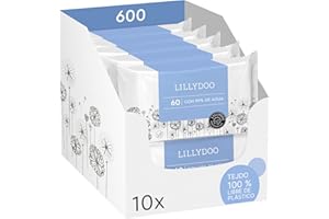 Toallitas húmedas para bebés LILLYDOO con un 99% de agua, 10 paquetes de 60 (600 unidades), 100% libres de plástico sin perfumes y tan suave como el algodón y el agua