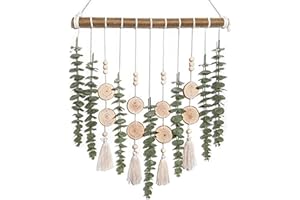 Finsink Makramee Boho Wandbehang, Wanddeko Wandteppich mit Holzperlen und simulierte Eukalyptusblätter, Makramee Wandbehang für Wohnzimmer Schlafzimmer und Studio