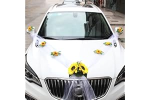 DUORIES Organza biżuteria samochodowa na wesele, wesele, wesele, wesele, dekoracja samochodu, dla panny młodej, słonecznik, dekoracja samochodu, na wesele, narzeczoną, kolor biały, B