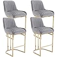 Wahson Breakfast Bar Stools Set of 4 Velvet Counter Chairs with Backrest & Golden Base, Kitchen Bar Chairs Counter Stools for Home Bar, Gray