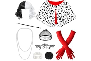 SAIER TBO 9 Pièces Déguisement Cruella, Noire et Blanche costume de Cruella avec Perruque Masque Colliers de Perles Bracelets Gants Echarpe Bâton Cigarette Bas Résille pour Femme Fête Thème Carnaval Mardi Gras