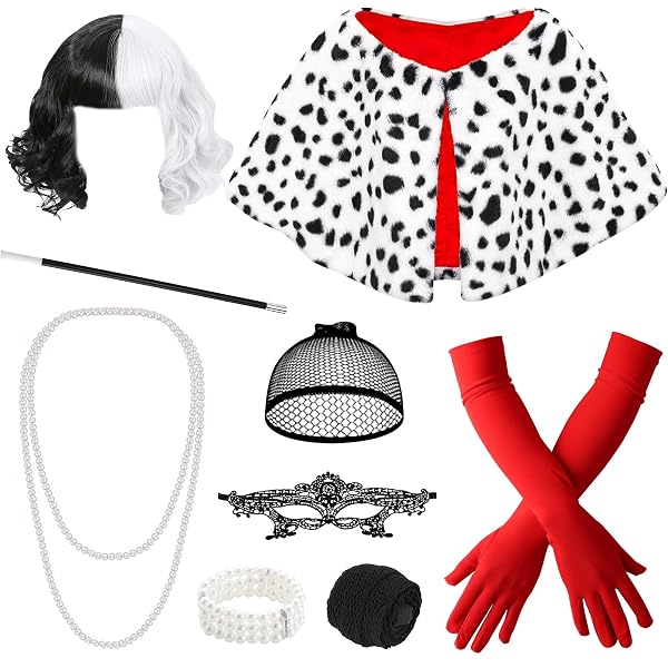 Lets Joy Cruella Costume, Cruella Deguisement Femme avec Perruque Courte Noire Blanche, Châle, Dentelle Masque, Gants, Collier de Perles et Bonnet de