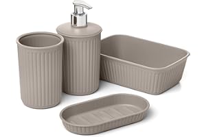Tatay Set de 4pcs Sobremesa de Baño (Vaso + Dosificador + Jabonera + Organizador A6) Baobab, de Plástico, Libre de BPA, Taupe
