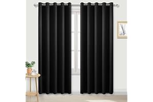 DWCN Black Blackout Curtains for Bedroom - Thermal Insulated Energy Saving Eyelet Window Curtains for Living Room 66 x 90 inch Length, 2 Panels