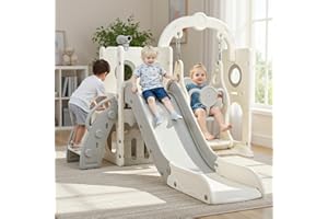 MAMIZO Toboggan et Balançoire, Toboggans Enfant, 5 en 1 Toboggan Bebe avec Balançoire,Télescope, Espace de Rangement, Escaliers, Aire de Jeux Intérieure et Extérieure, Gris Blanc, Module 2PCS