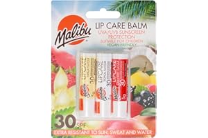 Malibu Sun LSF 30 Lippenbalsam, Sonnencreme, Vanille, Tropisch, Erdbeere, 3 x 5 g