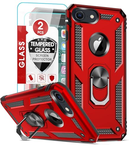 Honeyview ShockProof Case For IPhone SE 2020/2022, IPhone 8/7/6s/6 With Ring Kickstand, Bumper Armour Phone Cover For Apple IPhone SE 2nd 3rd Generation - Red