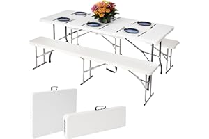 NOVECRAFTO 6ft Folding Table and Folding Bench Seat Set - Foldable Trestle Table and White Folding Chair HDPE Plastic and Steel Frame, Easy to Fold and Store for Events Indoor Outdoor Use for All Occasions