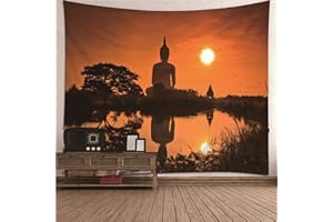 Bcughia Arazzo grande da appendere alla parete, per camera da letto, estetico, arancione, nero, poliestere, con Buddha, 300 x 260 cm