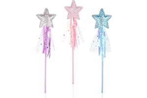 Chutoral Pack of 3 Star Wand Princess Wand Fairy Glitter Star Magic Wand Fairy Wand for Girls Christmas Halloween Birthday Party Decoration (Purple & Pink & Blue)
