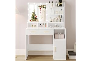 Hzuaneri Coiffeuse avec Miroir et 10 Lumières LED Réglables, Coiffeuse avec 2 Tiroir et 1 Armoire, 3 Étagères et 4 Compartiments Ouverts, Blanc DT32503X