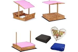 SUNWOOD Sandkasten Imprägniert mit Dach inkl. Video Anleitung für Montage Sonnenschutz mit UV-Schutz Sandbox mit Abdeckung mit Sitzbänken mit Deckel mit Plane Sandkiste Sandkastenvlies Holz 120x120 140x140 XL