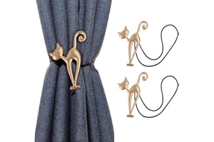 FAKEFACE Juego de 2 alzapaños magnéticos para cortinas, diseño de gato creativo, juego de 2 alzapaños para cortina, hebillas para el hogar, oficina, hotel, decoración, dorado