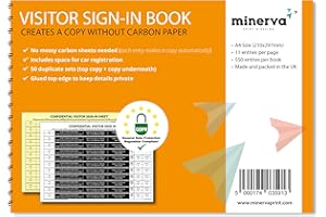 MINERVA PRINT Confidential Visitor Sign-In Book with Car Registration – GDPR Compliant A4 Carbonless Duplicate Logbook - Pack of 1