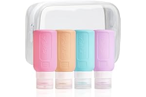 Uervoton Set di 4 bottiglie da viaggio in silicone, 90 ml, senza BPA, a prova di perdite, ricaricabili, comprimibili, con etichetta e borsa trasparente per il trasporto, per shampoo liquidi, sapone e