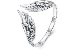 Bellitia Jewelry 925 Sterling Silver Angel Wing Feather Open Adjustable Ring, Vintage Ring Wedding Band for Lovers Gifts