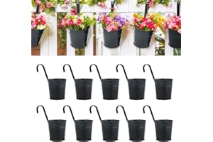 KINGLAKE 10Pcs 16cm Metal Hanging Plant Pots with Detachable Hook, Black Fence Flower Pots Garden Hanging Planter Bucket Flower holder for Balcony Fence Railing Garden Home Décor