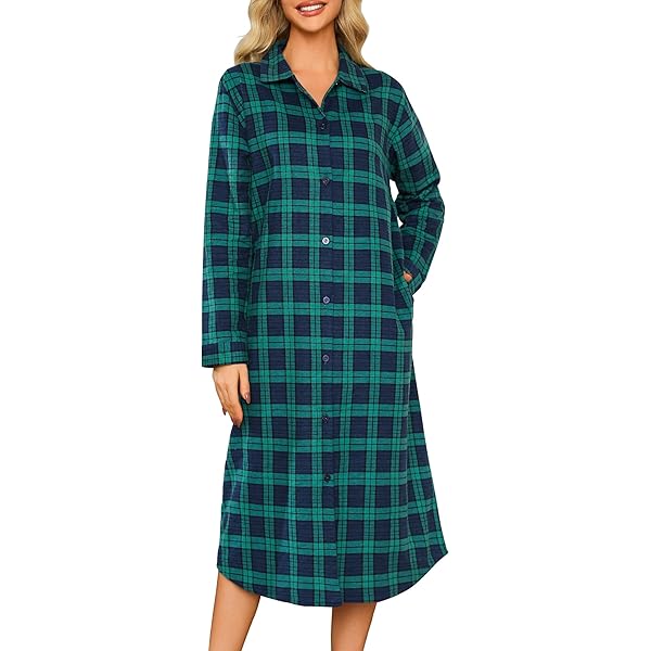 Durchgeknöpftes Flanell Nachthemd für Damen, kariertes Schlafkleid mit Taschen - 51175 | Tag- und Nachtwäsche im Wäscheland