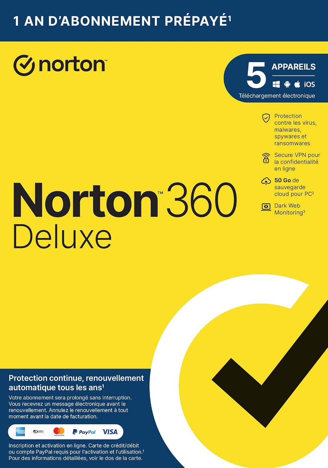 NortonLifeLock 360 Deluxe 2022 |5 Appareils | 1 An d'Abonnement | Secure VPN - Password Manager - Dark web Monitoring | PC/Mac/iOS/Android|Envoi par la poste