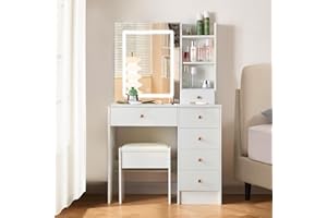 Guanglai Vanity Set Dressing Table with LED Lighted Makeup Mirror, Modern Vanity Table Desk with LED Lights & Storage Drawers and Stool for Bedroom,Girls Women