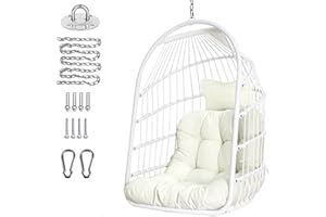 CHIHEE Silla huevo plegable de mimbre y ratán Silla colgante Silla de mimbre para interiores y exteriores Silla hamaca con kit de colgado de acero inoxidable Cojín resistente a los rayos UV Dormitorio Balcón
