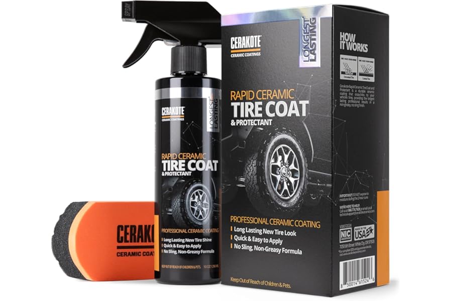 CERAKOTE Rapid Ceramic Tire Coat – Showroom New Tire Shine – Deep Tire Black Finish – Lasts Up to 10x Longer – No Sling, Non-Greasy Ceramic Tire Coating for Car, Truck & SUV – Easy Application (284ml)