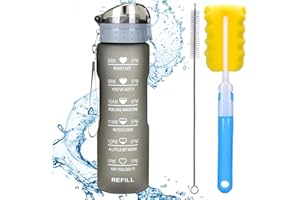 XACIOA 32oz Water Bottle with Straw&Time Markings,Leakproof BPA Free,Ensure You Drink Enough Water Throughout The Day for Fitness and Outdoor Enthusiasts,With Straw and Brush