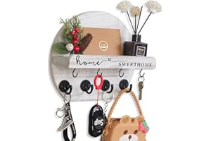DXIUNOVE Key Holder for Wall Key Hooks Wall Mounted with Dried Flowers with Shelf and Wooden Key Holder Round Key Rack for Entryway Mudroom Hallway Kitchen Office (Light White)