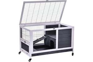 PawHut Wooden Rabbit Hutch Guinea Pigs House Bunny Small Animal Cage Openable Roof Portable Indoor Enclosed Run 90 x 53 x 59 cm White