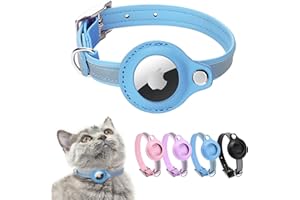 MOUYOU Airtag Katzenhalsband,Leder Airtag Halsband Katze,Reflektierend Verstellbar gps Katzenhalsband Airtag Hülle für Tracking Katze Anti-verloren,Airtag Katze für große/mittelgroße/kleine Katze(S,Blau）