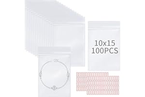 KOMABLEN 100 Stück Zip Beutel Klein, 10x15cm Druckverschlussbeutel Mit Aufklebern, Wiederverschließbare PE Baggies Plastiktüten Verschließbar, Wasserdichter Ziplock Beutel Für Schmuck und Haarschmuck