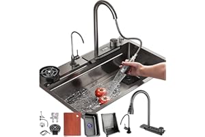 DSMRLEOP Fregadero de cascada de acero inoxidable negro multifunción con pantalla digital de cocina – 80x45cm Fregadero individual con grifo extraíble, sifón