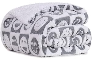 PanxHome Sherpa Fleece Blanket 200x230 cm, 520GSM Warm and Soft Blanket, Fashionable and Unique Fuzzy Smiley Face Blanket, Fluffy Throw Blanket for Bed King Size, Wool Blanket, White