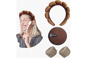 QZLSAYSL (Set di 4) Fascia da donna per la Spa, cuscino di lavaggio e 2 braccialetti assorbenti per la gestione della pelle (（Velluto）Marrone)