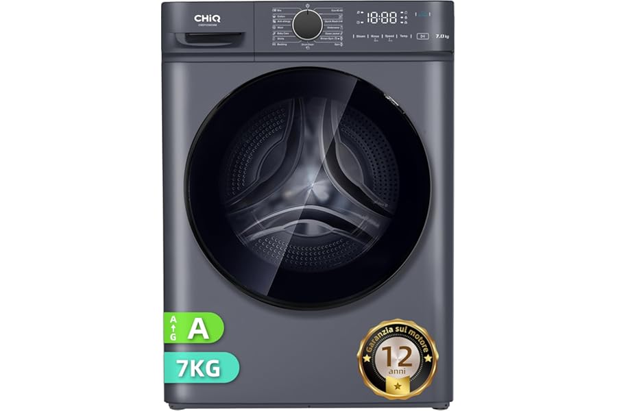 CHiQ CW07123863AX Built-in Washing Machine - 7 kg, Class A, BLDC Engine 1200 RPM, Steam and Quick Wash, 15 Programs, Compact Design (60 x 46.5 x 84 cm) - Modern Grey