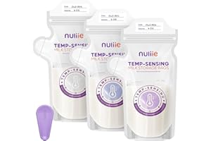 Nuliie 150 Stück Muttermilch-Aufbewahrungsbeutel, Temperaturfühlende Verfärbung mit extra Auslaufsicherem Zusatz-Clip, 180ml mit Ausguss, Selbststehend, BPA-frei, Vorsterilisiert und Gefriersicher