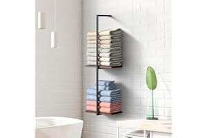 ALYOEN Handtuchregal Ohne Bohren Schwarz, Handtuchhalter Wand Handtuch Aufbewahrung Bad mit 2 Etagen Holz Regal, Gästehandtuchhalter für Badezimmer