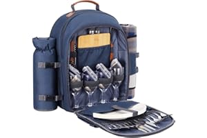 Sunflora Sac à Dos Pique Nique 4 Personnes Deluxe avec Poche Sac Pique-Nique Isotherme Panier Pique Nique avec Vaisselle et Couverture pour Camping Familial pelouse(Bleu Marine)